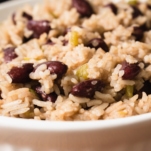 red beans and rice in a large white casserole