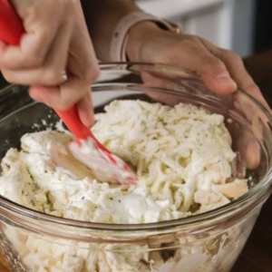 using a red plastic spatula to mix the ingredients for buffalo ranch chicken dip in a large glass mixing bowl