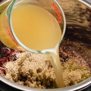 pouring 2 cups of unsalted chicken stock into the instant pot pressure cooker