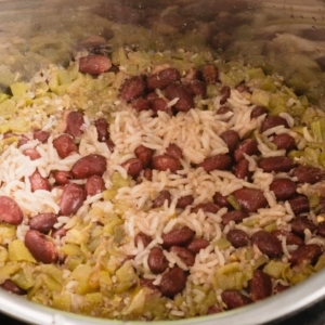 cooked red beans, rice, and diced green chiles in the instant pot