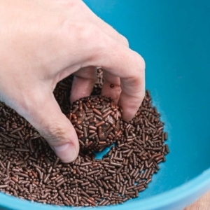 rolling a small ball of fudgy chocolate in chocolate sprinkles