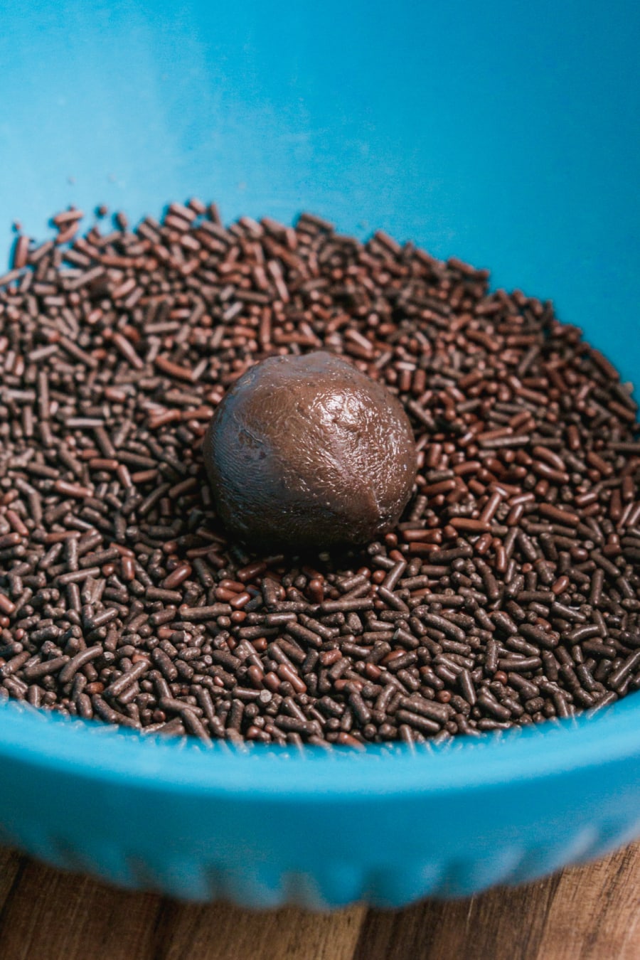 a ball of chocolate fudge sitting in a bowl of chocolate sprinkles