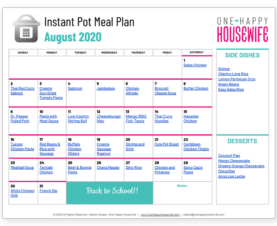 august 2020 meal plan calendar