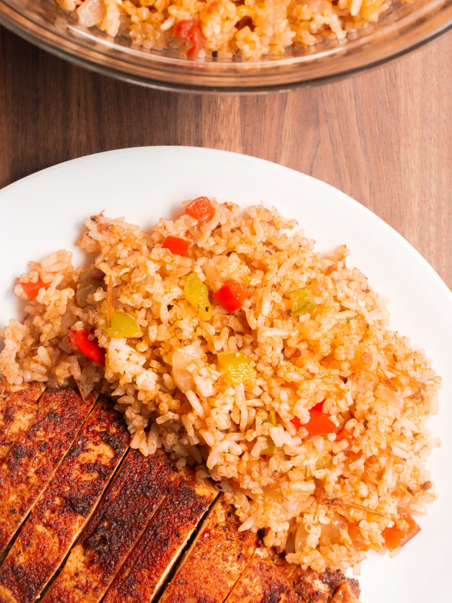 overhead shot of a plate of spanish rice