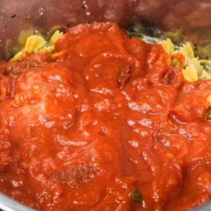 a layer of spaghetti sauce over pasta in the instant pot