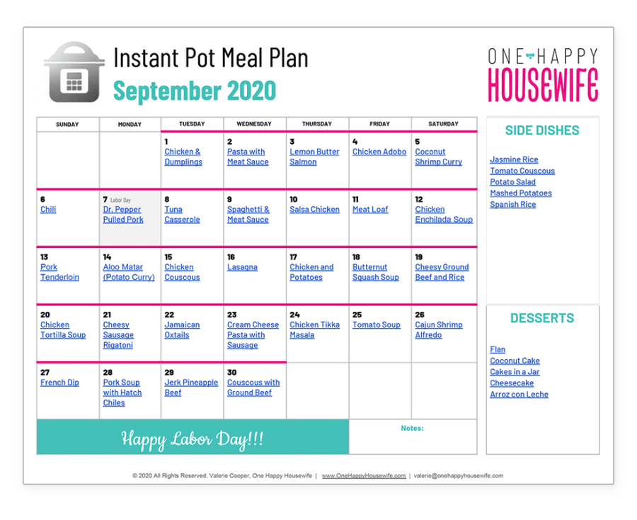 september 2020 instant pot meal plan calendar