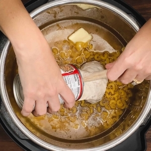 scooping cream of mushroom soup out of the can and over elbow pasta and chicken stock in the instant pot