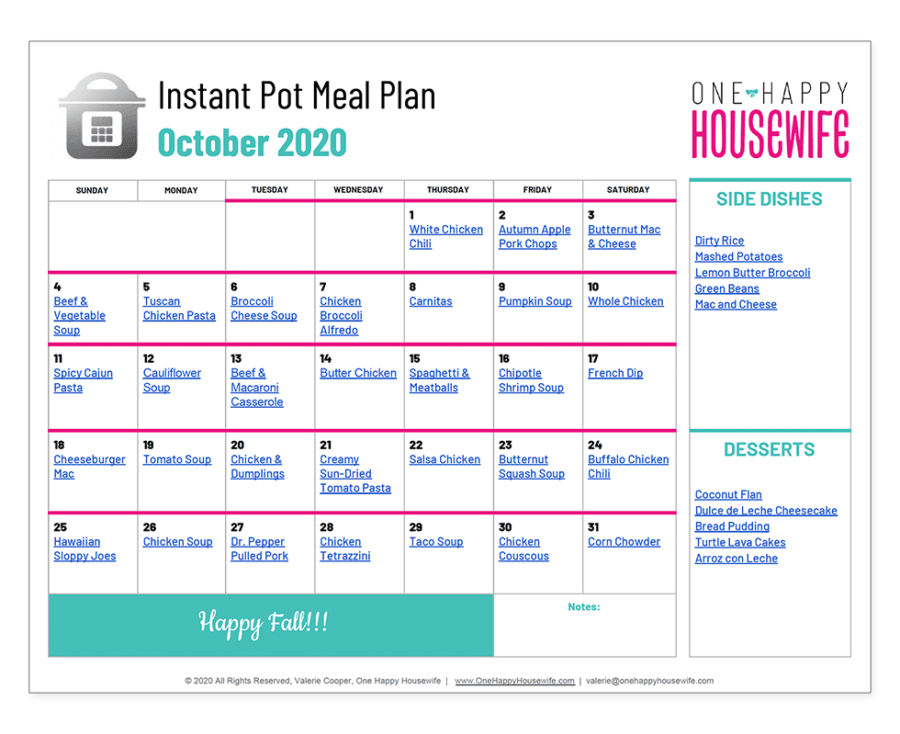 instant pot october 2020 meal plan