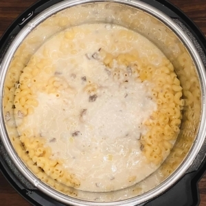 cooked elbow pasta and cream of mushroom soup in the instant pot