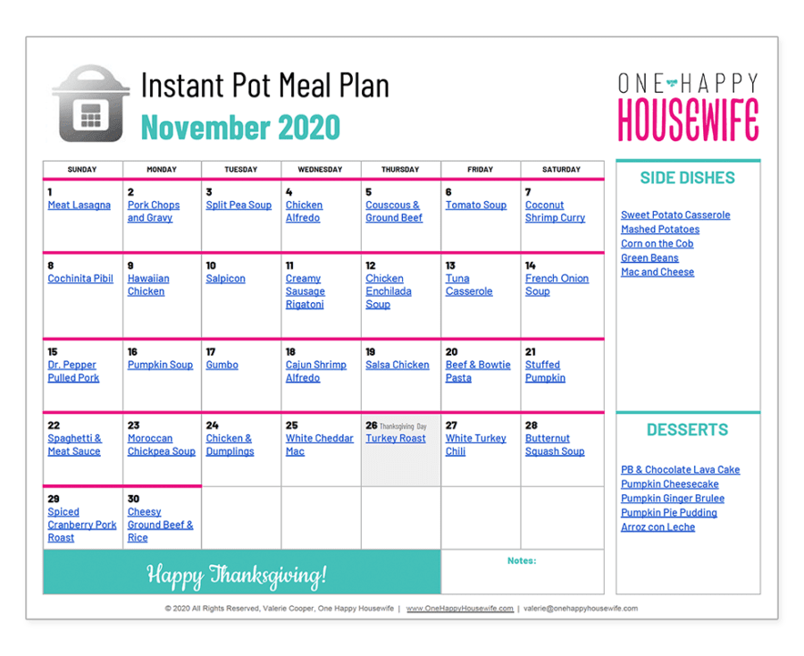 instant pot november 2020 meal plan