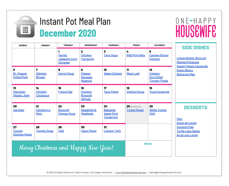 instant pot december 2020 meal plan