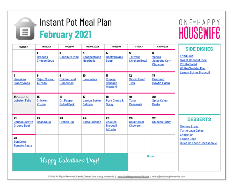 instant pot february 2021 meal plan