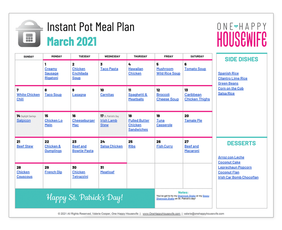 instant pot march 2021 meal plan