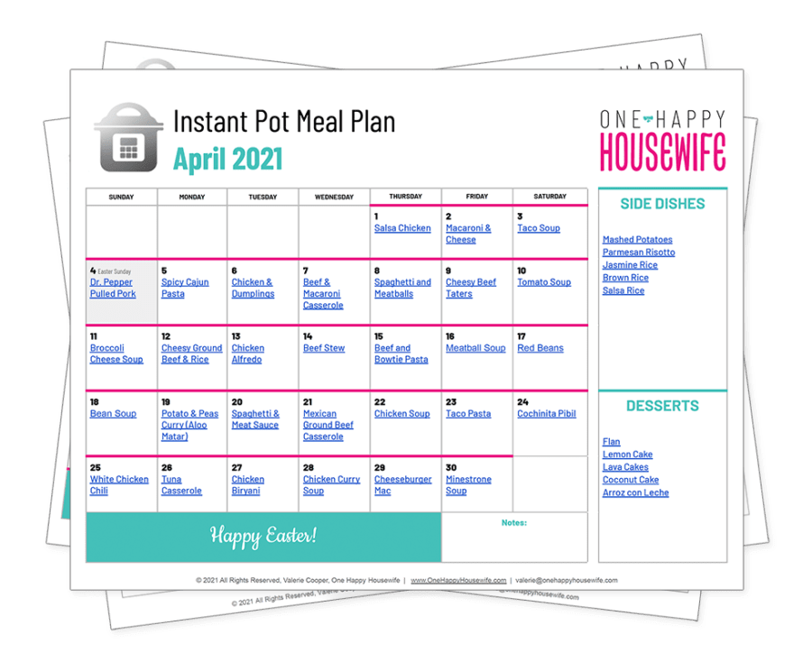 instant pot april 2021 meal plan calendar