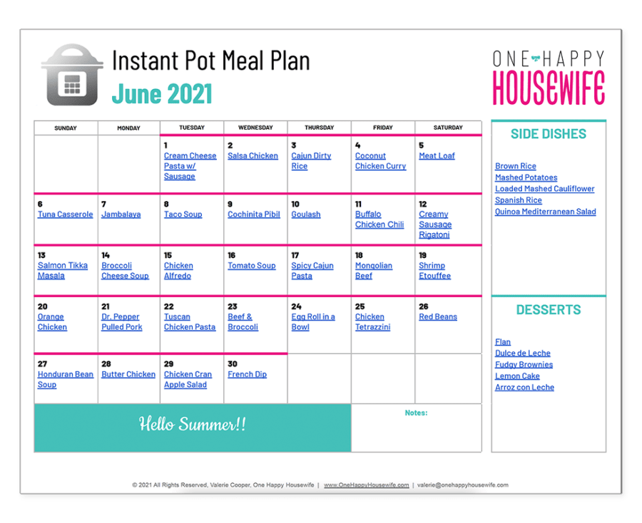 instant pot june 2021 meal plan calendar