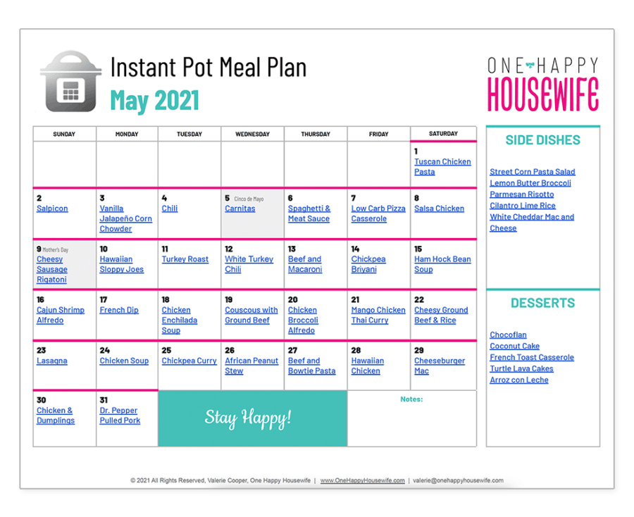 instant pot may 2021 meal plan calendar