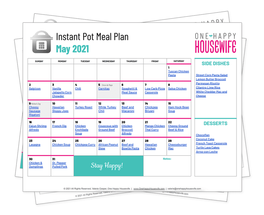 instant pot may 2021 meal plan calendar