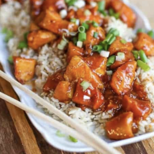 orange chicken over brown rice