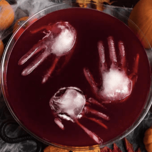 halloween party punch with hand shaped ice cubes