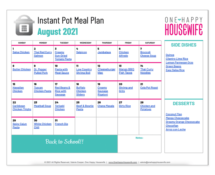 instant pot meal plan august 2021