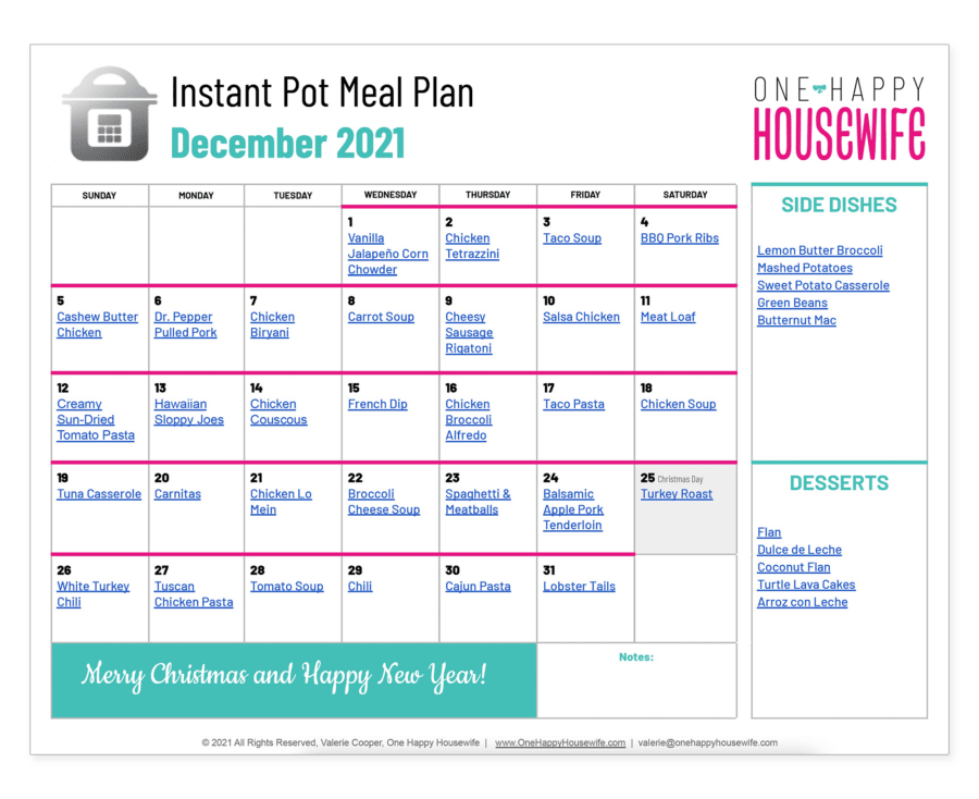 instant pot meal plan december 2021