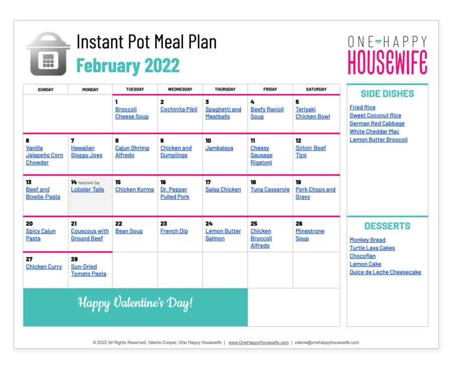 instant pot meal plan february 2022