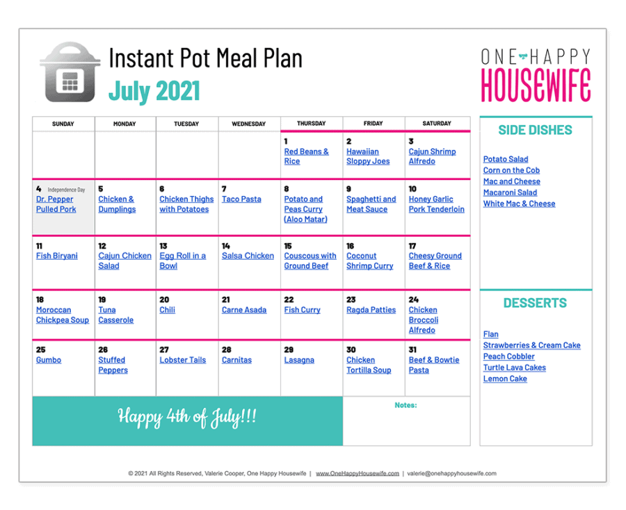 instant pot meal plan july 2021