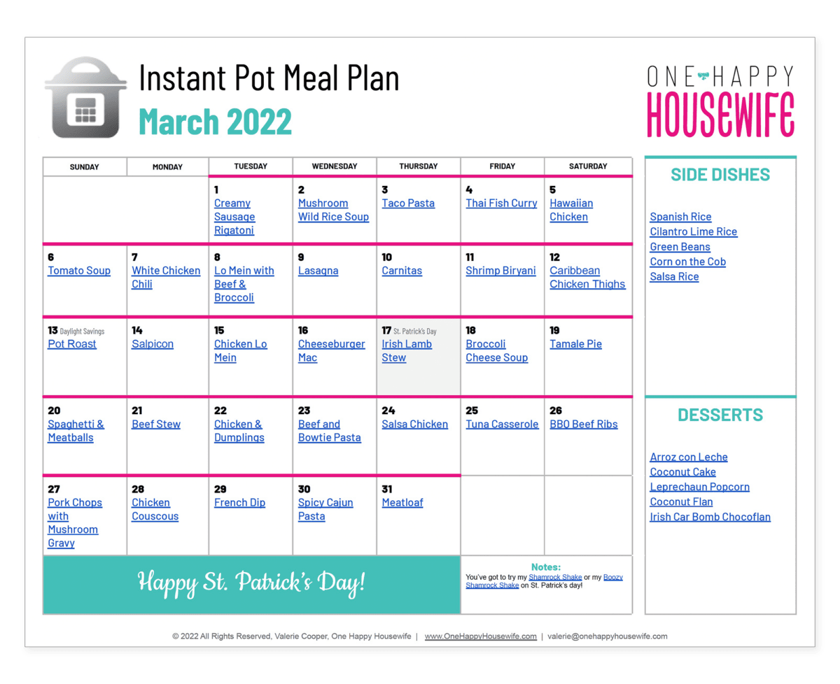March Instant Pot Meal Plan (2022) One Happy Housewife