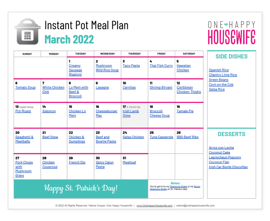 instant pot meal plan march 2022