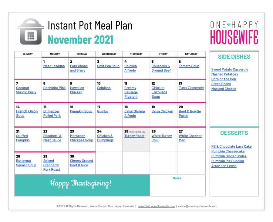 instant pot meal plan november 2021