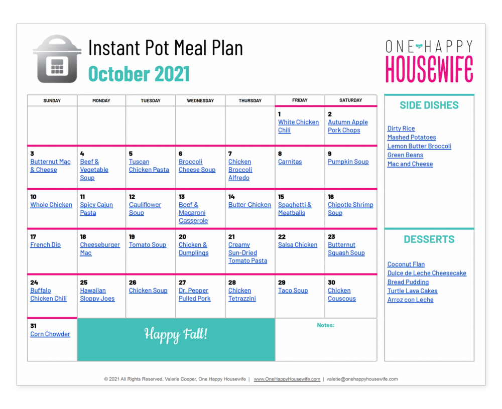 October Instant Pot Meal Plan (2021) One Happy Housewife