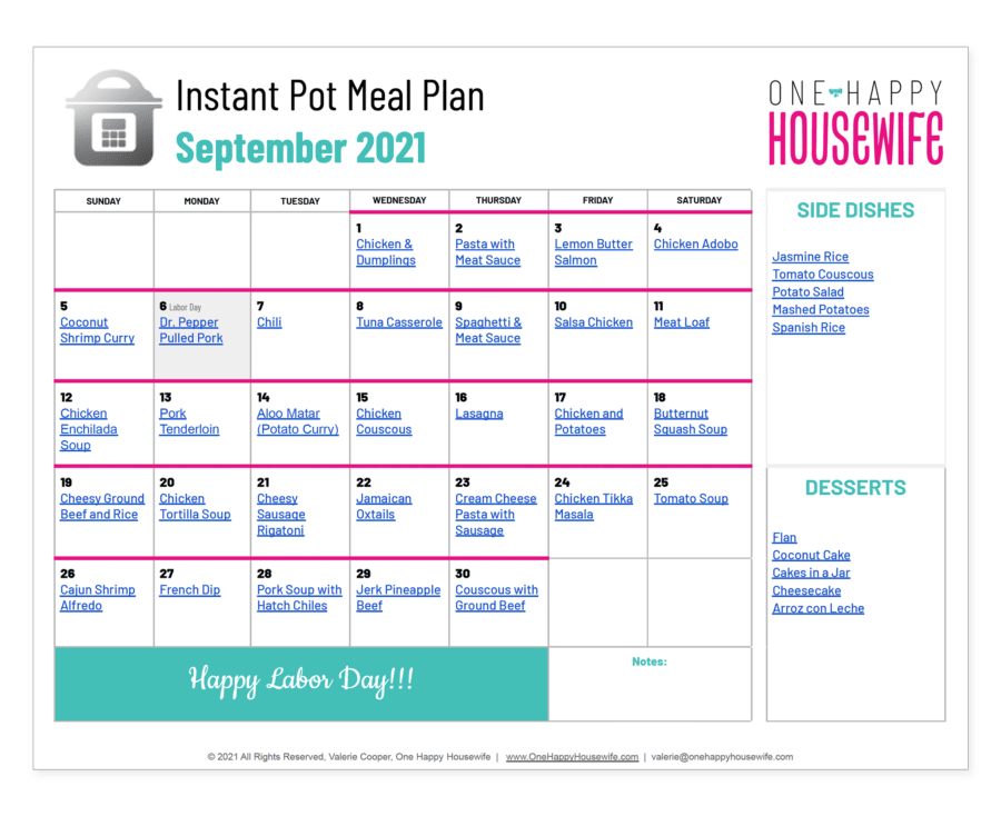 instant pot meal plan september 2021