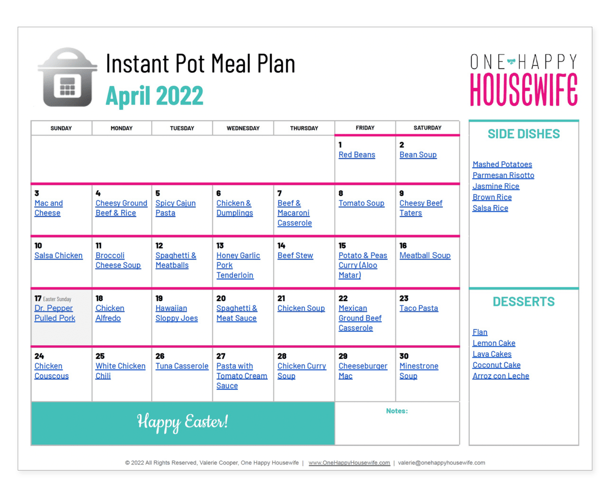 April Instant Pot Meal Plan (2022) One Happy Housewife