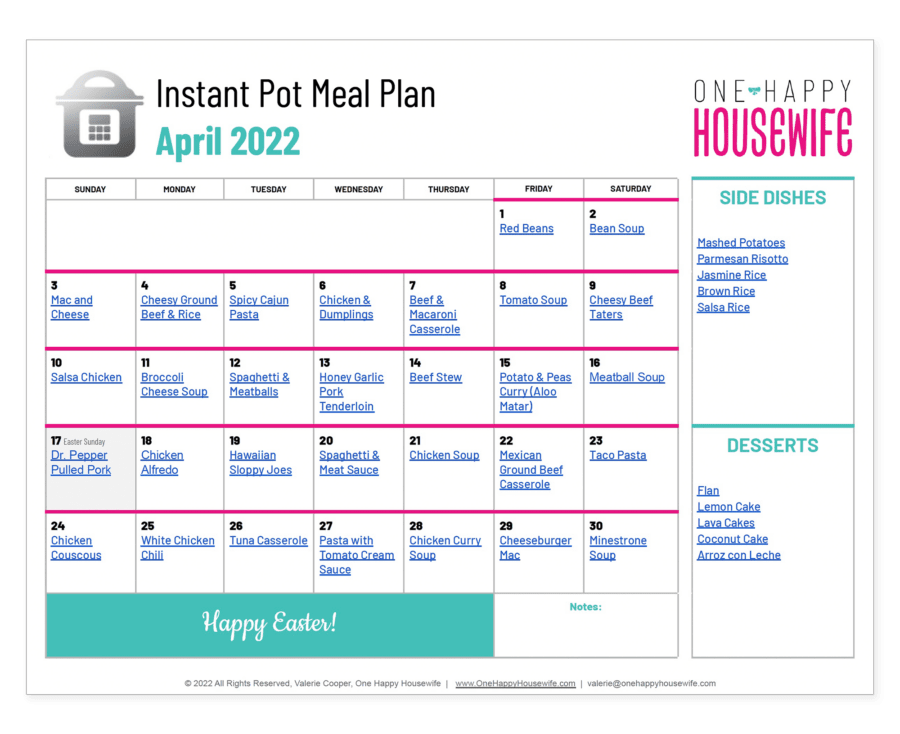 instant pot meal plan for april