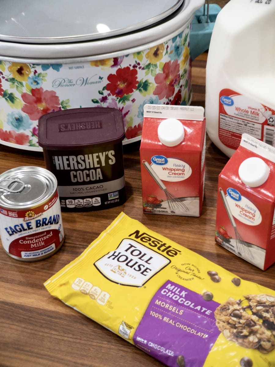 ingredients for making hot chocolate including milk chocolate morsels, condensed milk, milk, heavy cream, and cocoa