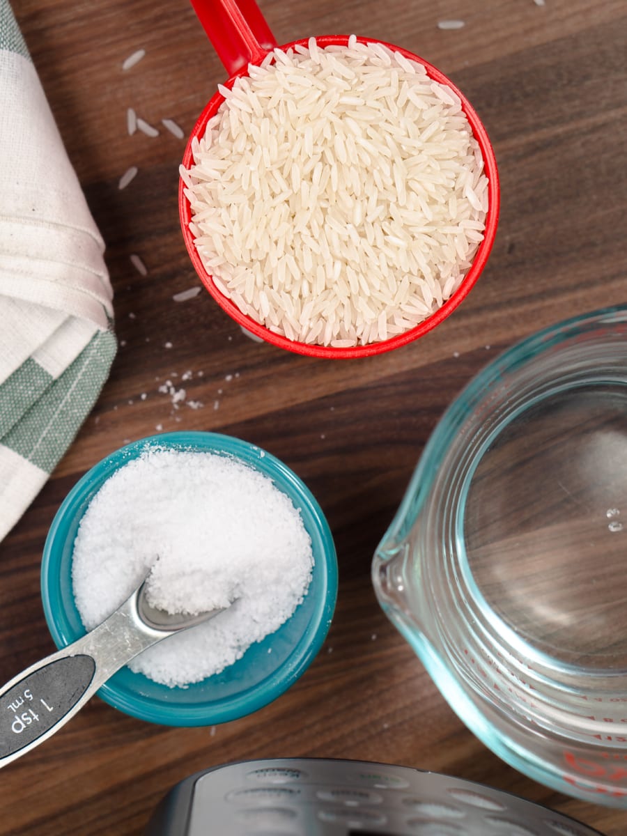 ingredients for instant pot jasmine rice including rice, water, and salt