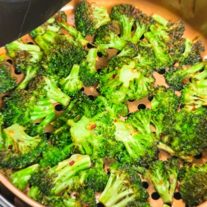 roasted broccoli in the air fryer basket