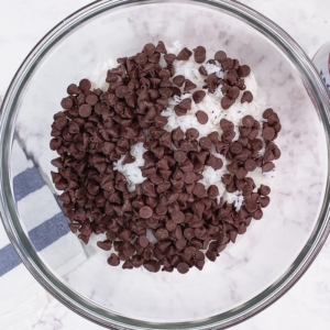 semi sweet chocolate morsels and sweet coconut flakes in a glass mixing bowl