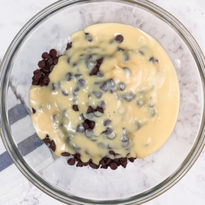 sweetened condensed milk, chocolate chips, and shredded coconut in a glass mixing bowl