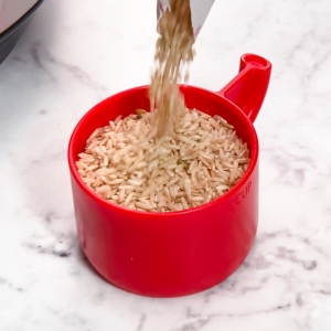 filling a measuring cup with brown rice