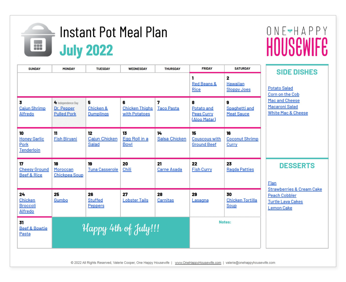 July Instant Pot Meal Plan (2022) One Happy Housewife