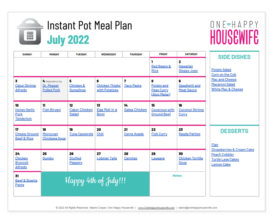 Instant Pot Meal Plan July 2022