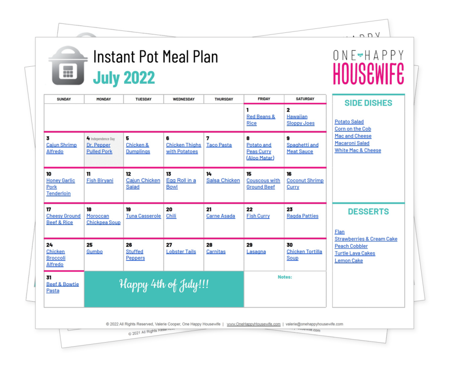 Instant Pot Meal Plan July 2022
