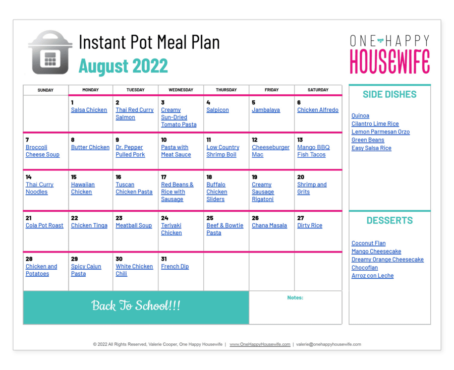 Instant Pot Meal Plan August 2022