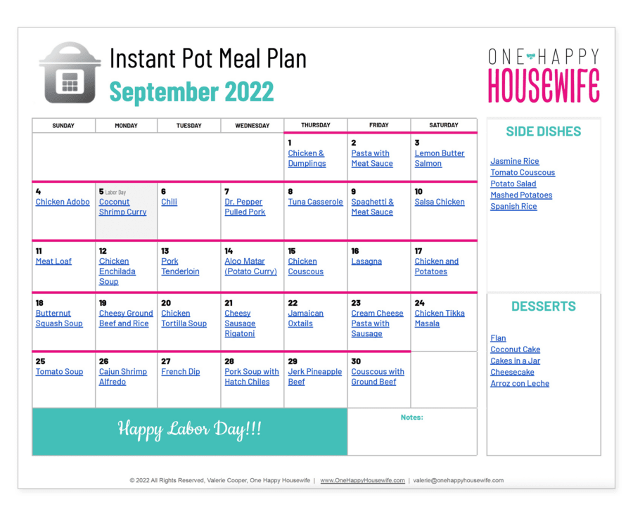 Instant Pot Meal Plan September 2022