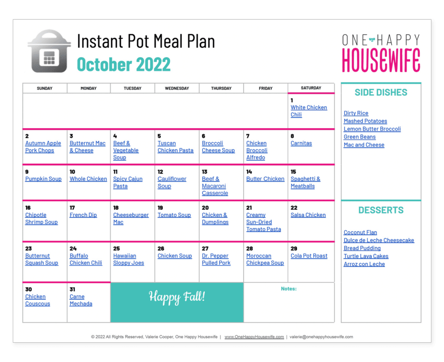 Instant Pot Meal Plan October 2022