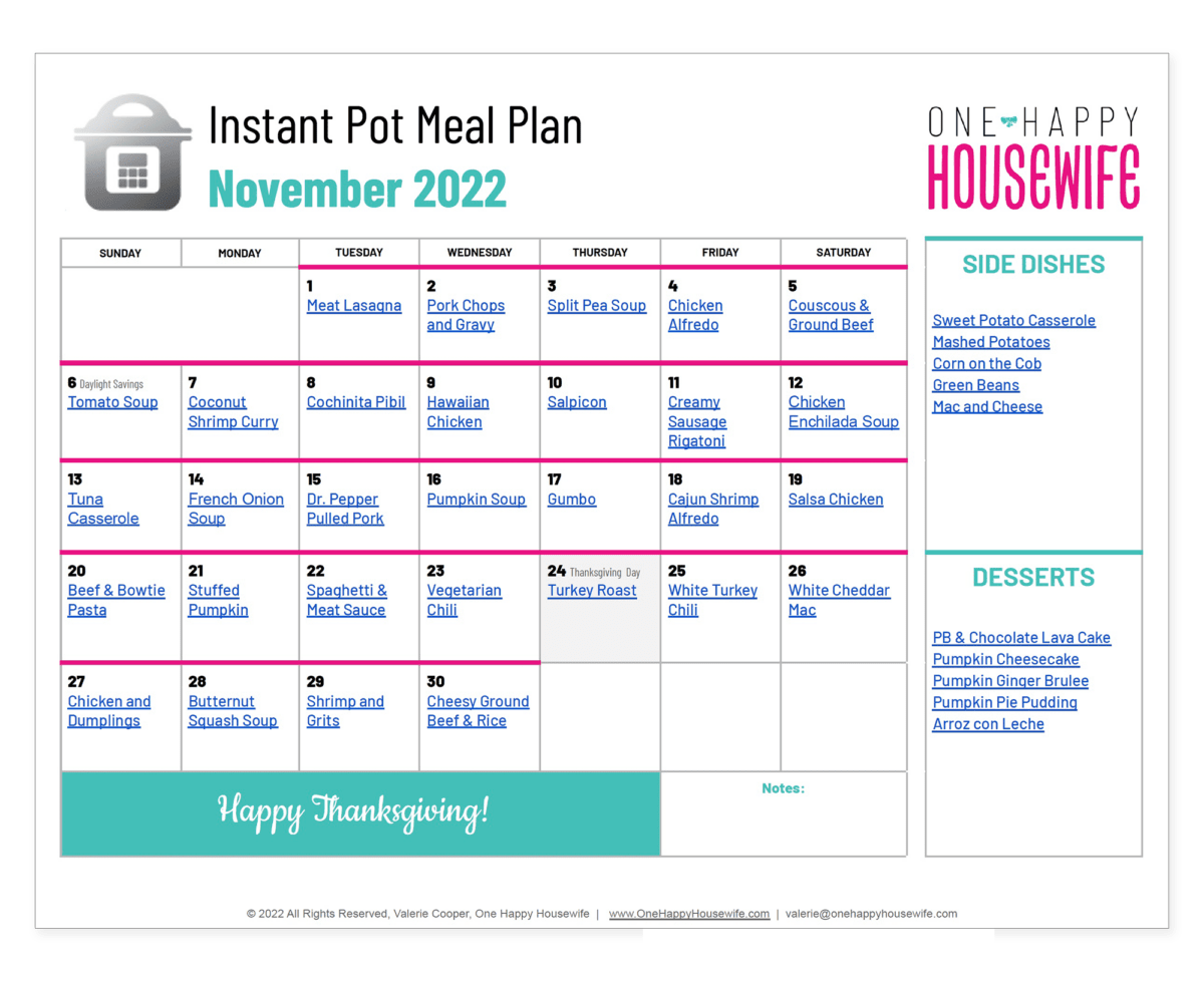 November Instant Pot Meal Plan (2022) One Happy Housewife
