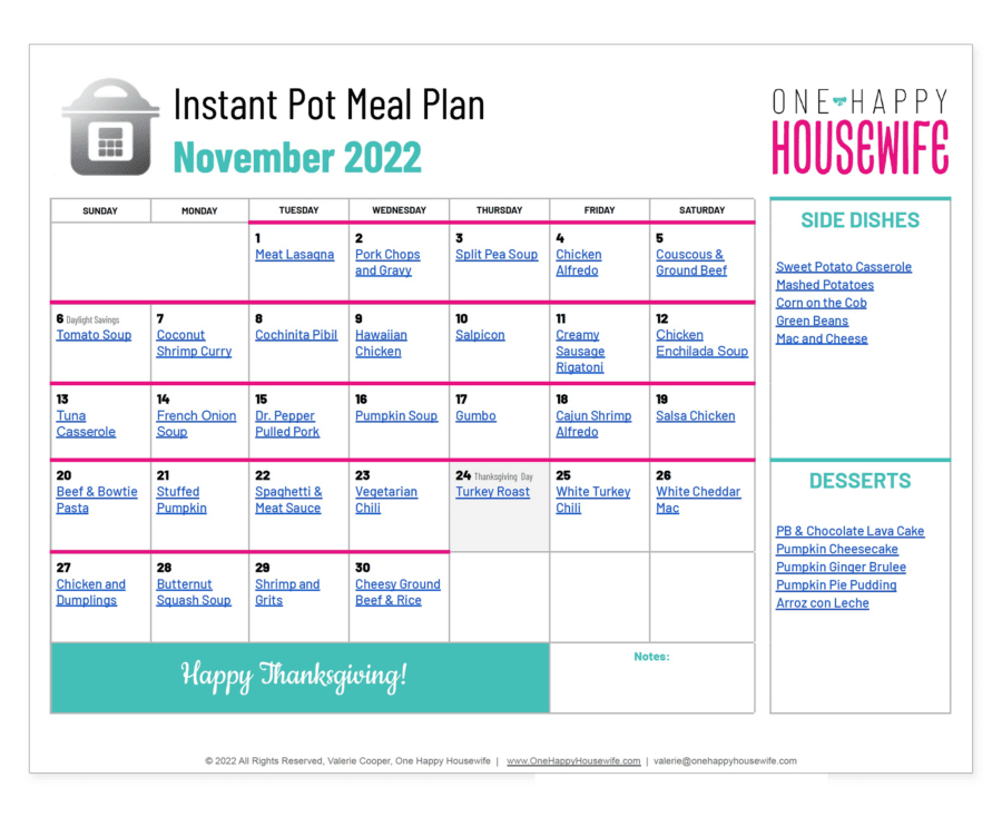 instant pot meal plan november 2022