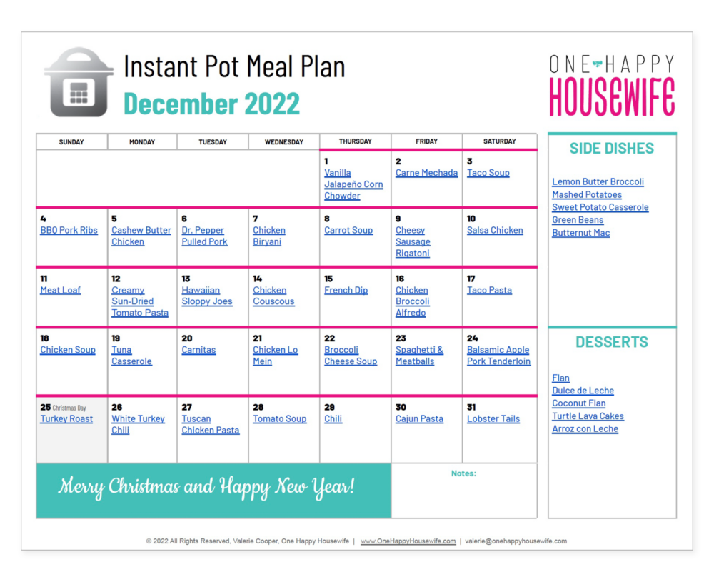 December Instant Pot Meal Plan (2022) One Happy Housewife