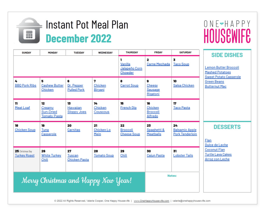 instant pot meal plan december single